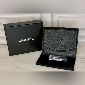 Chanel Caviar Leather Compact Bifold Wallet – Black | Authentic | Box + Dust Bag